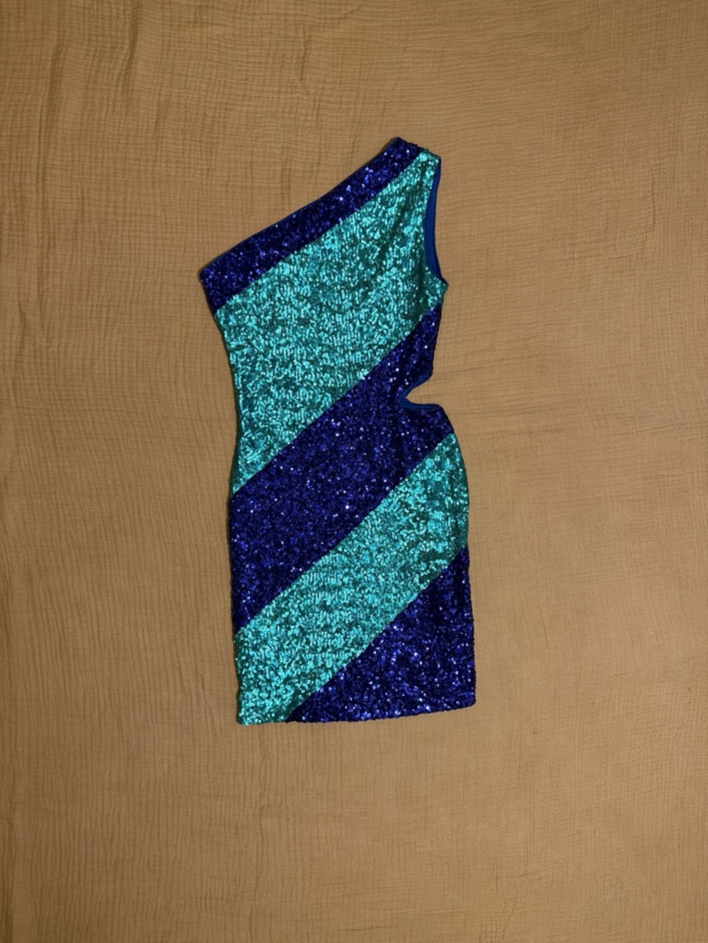 Bebe One-Shoulder Teal and Cobalt Sequin Bodycon Mini Prom Dress with Cutout